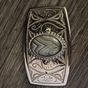 Silver tone ladies belt buckle with Crazy Lace Agate centerstone